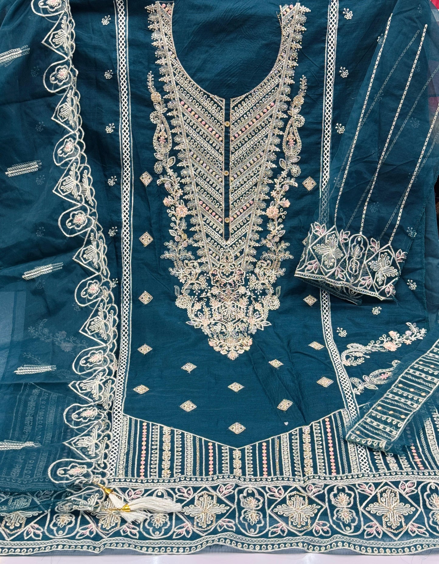 1732 HUSNARA Designer Organza Embroidered Suit With Zarkhan (4 pcs Set)